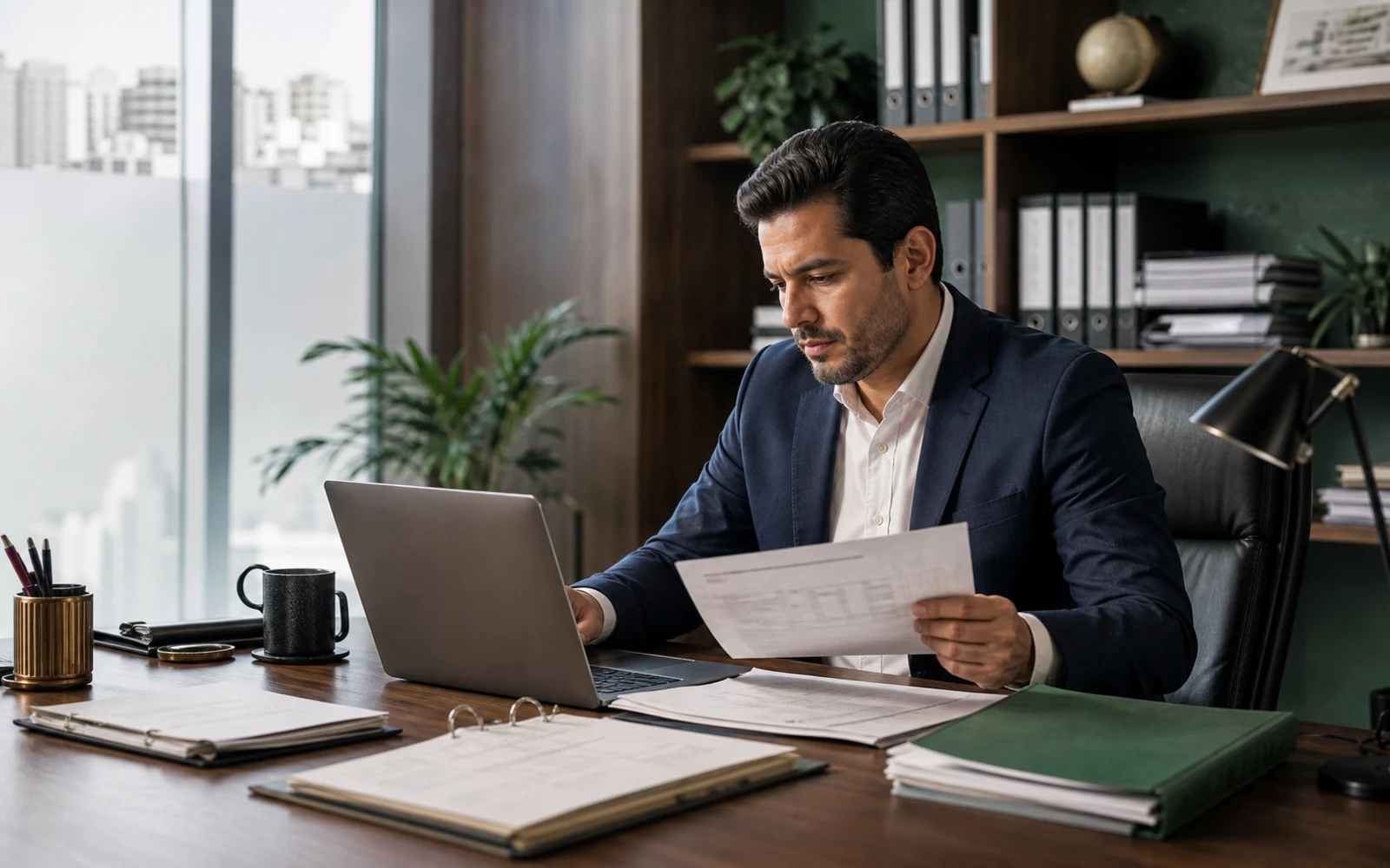 Accountant reviewing financial documents beside a laptop in a professional office