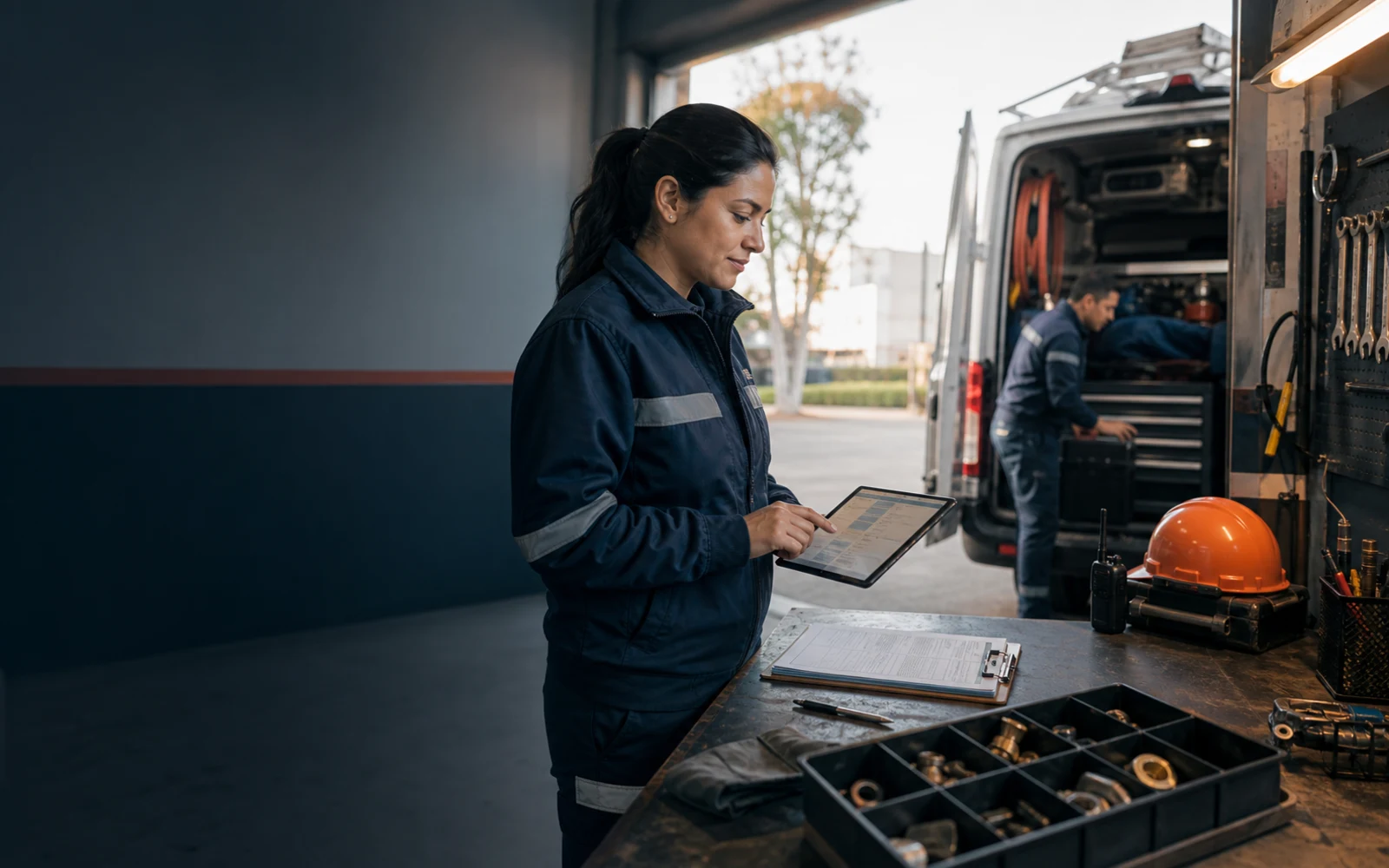 Field-service coordinator using a tablet beside an equipped service vehicle
