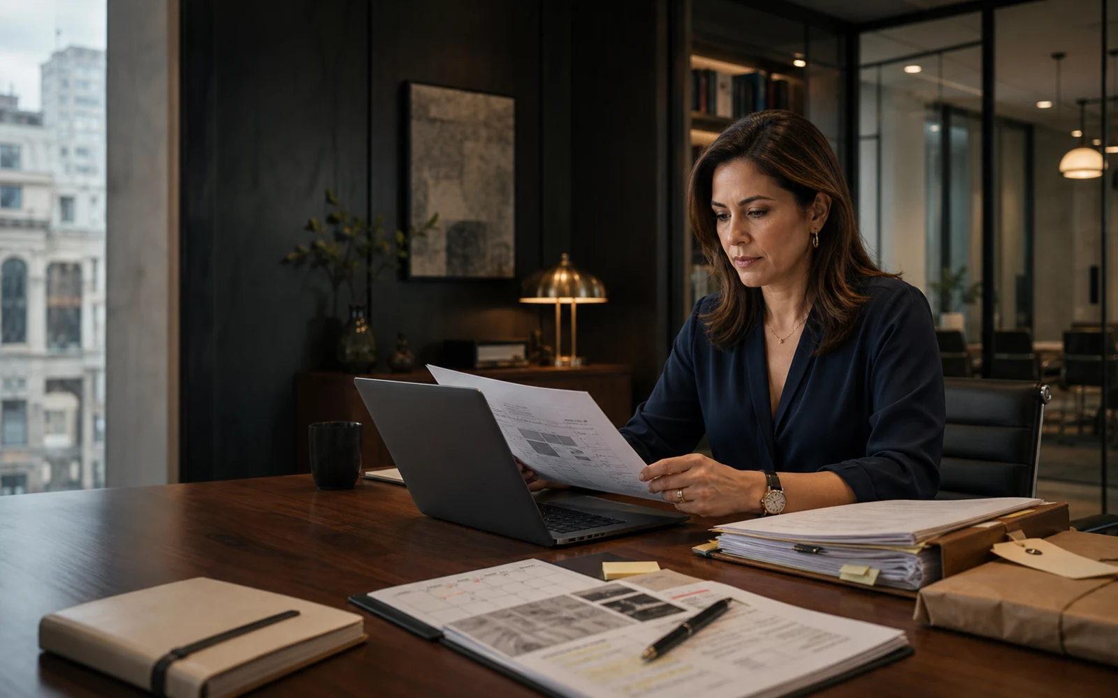 Attorney reviewing matter documents at a desk in a law office