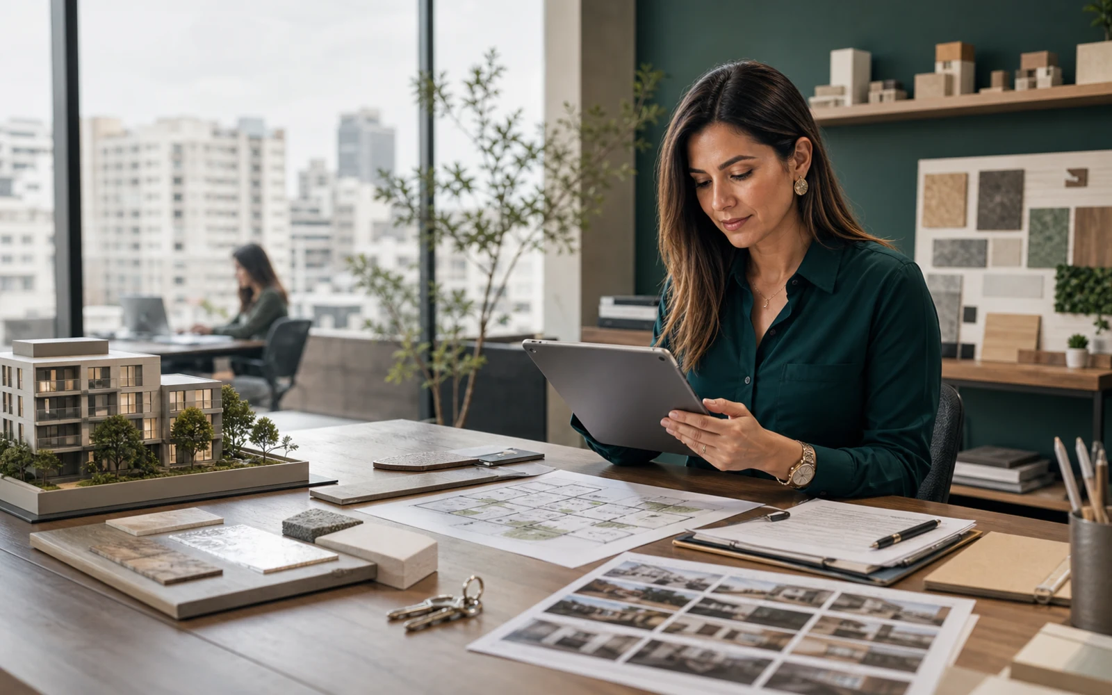 Real-estate professional reviewing listings and property plans at her desk