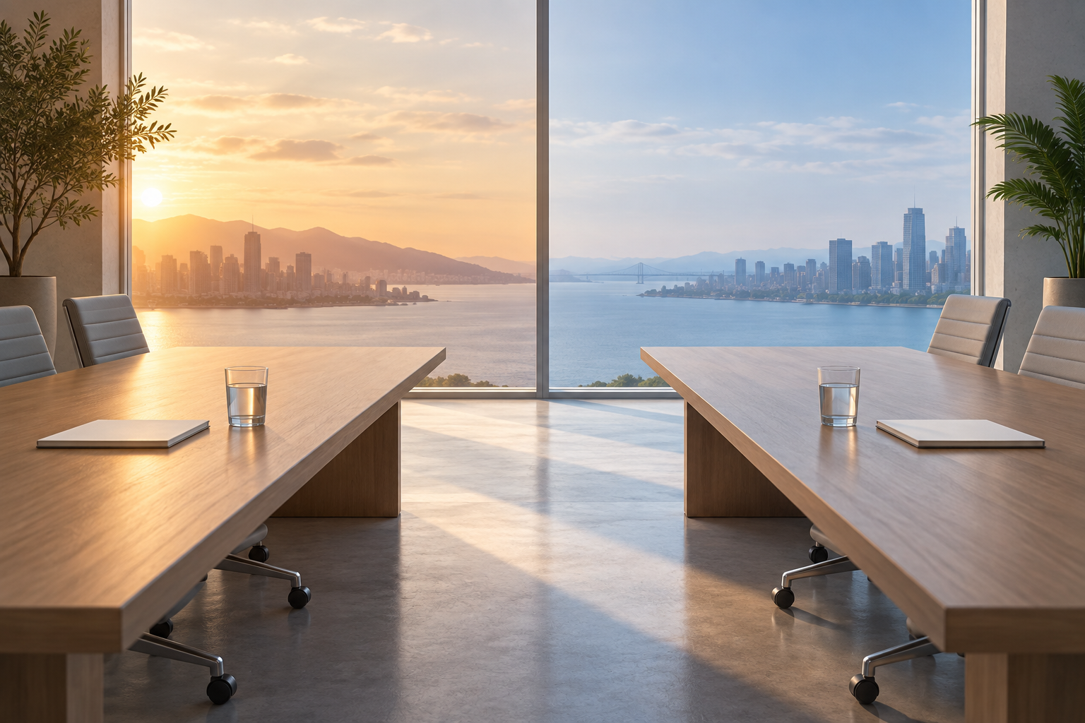 Two identical meeting tables facing each other, one in warm light and one in cool light