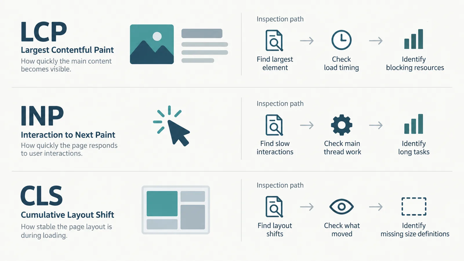 Triage aid mapping LCP, INP, and CLS signals to first Next.js inspection