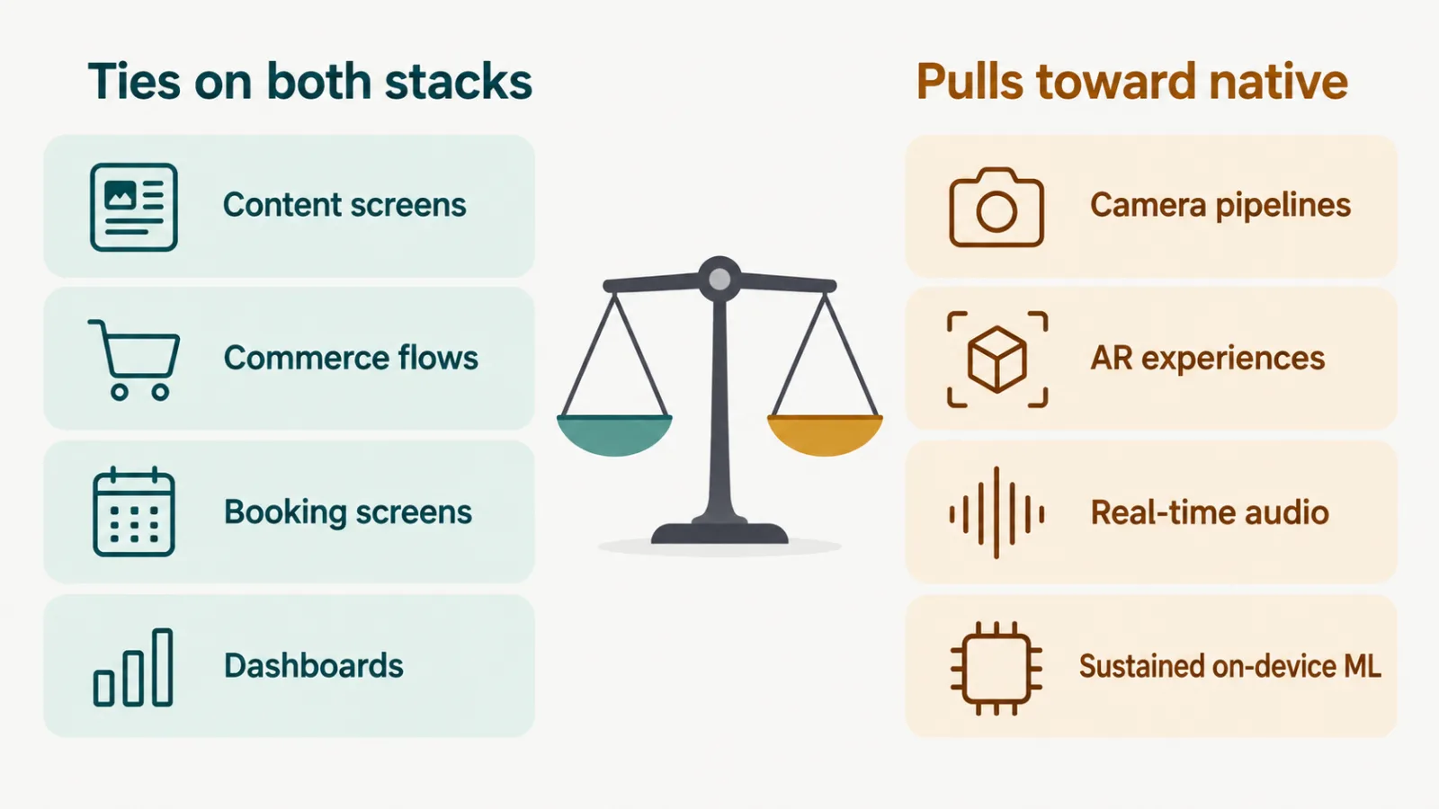 Diagram showing which app workloads tie on both stacks and which pull toward native SwiftUI
